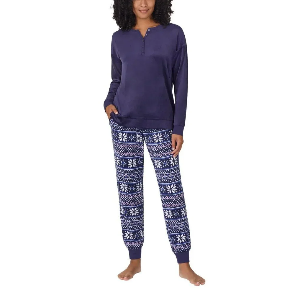 Nautica Womens 2-pc Pajama Set Snowflake Print Pants Henley Top Stretch Fleece